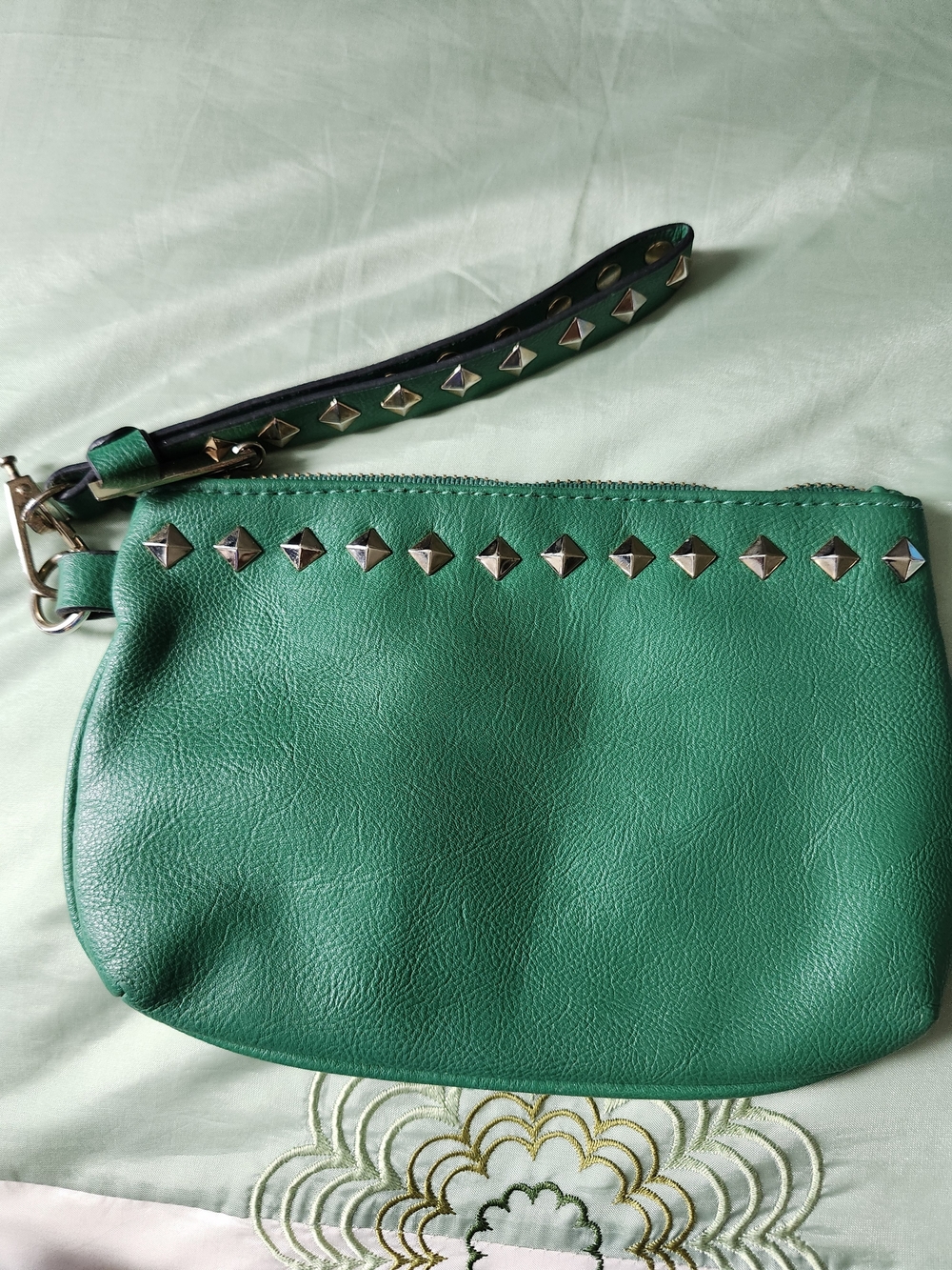 Studded Green Leather Wristlet Clutch